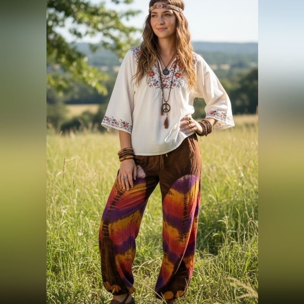 Papillon Blanc Boho Tie Dye Harem Pants Festival Hippie Brown Orange M